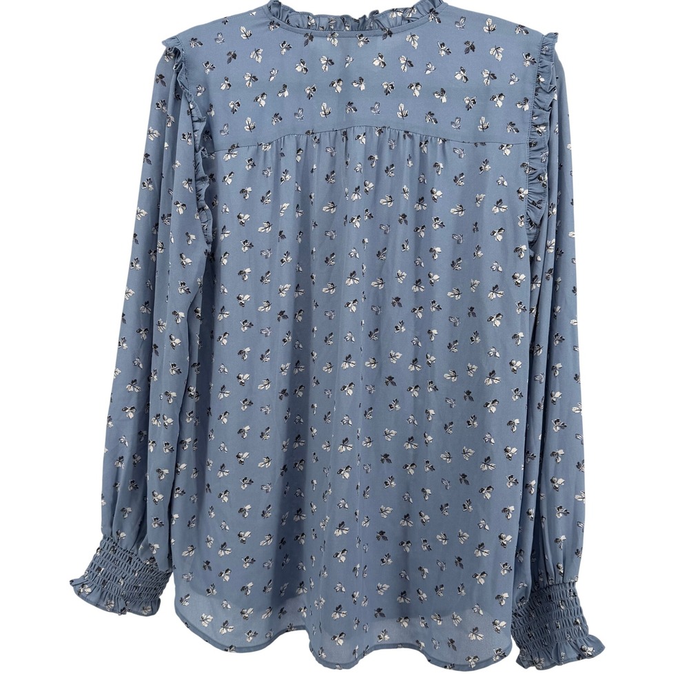 Loft Outlet Blouse Long Sleeve‎ Blue Floral Ruffle Neck Keyhole Smocked Sz Small - Picture 2 of 4